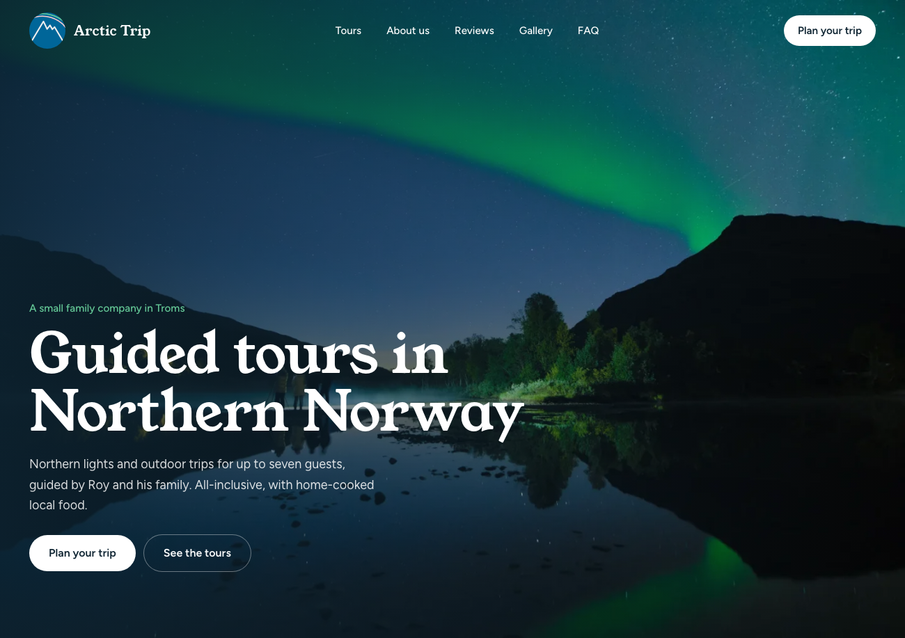 Forsidevisning av nettsiden til turselskapet Arctic Trip