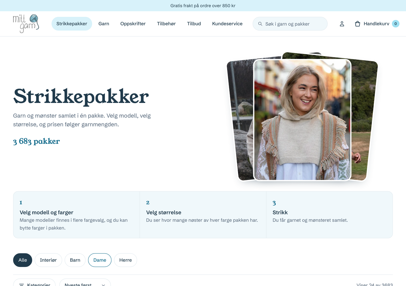 Oversiktssiden for strikkepakker, med overskrift, stablede bilder og tre steg for hvordan en pakke fungerer