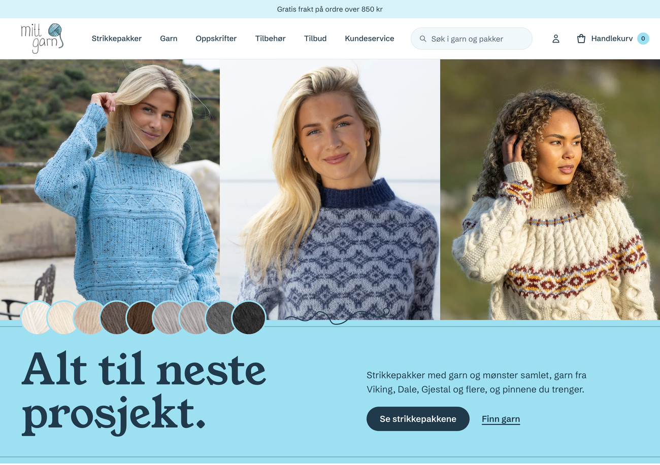 Forsidevisning av nettbutikken Mittgarn