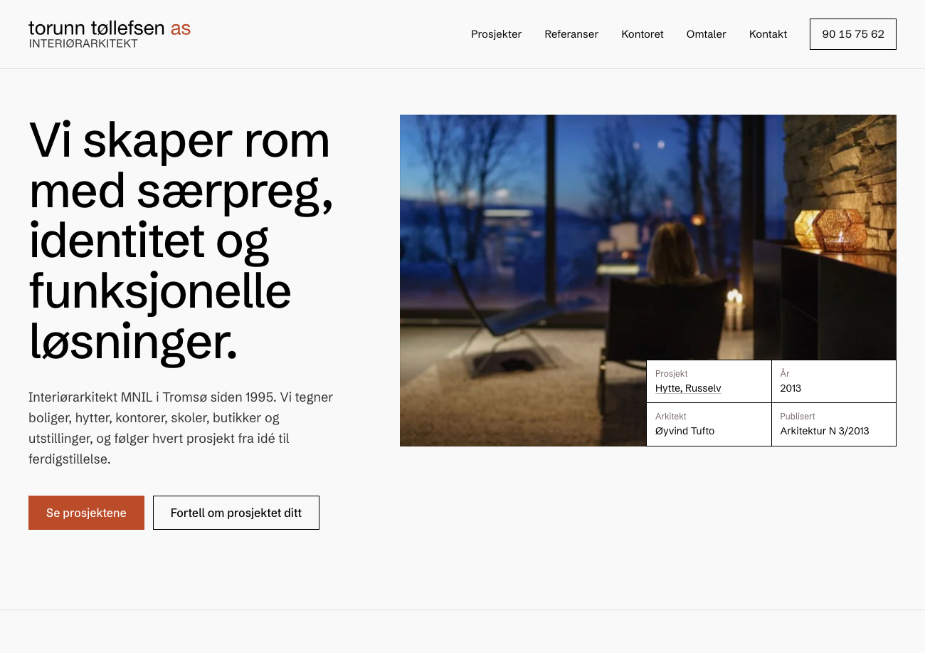 Forsidevisning av nettsiden til interiørarkitekt Torunn Tøllefsen AS