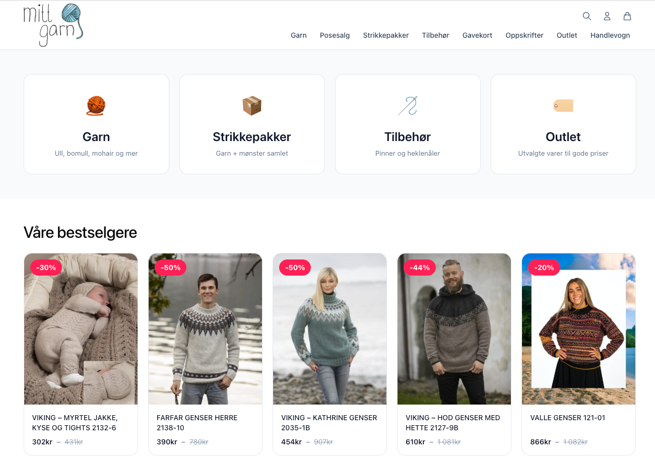 Forsidevisning av nettbutikken Mittgarn
